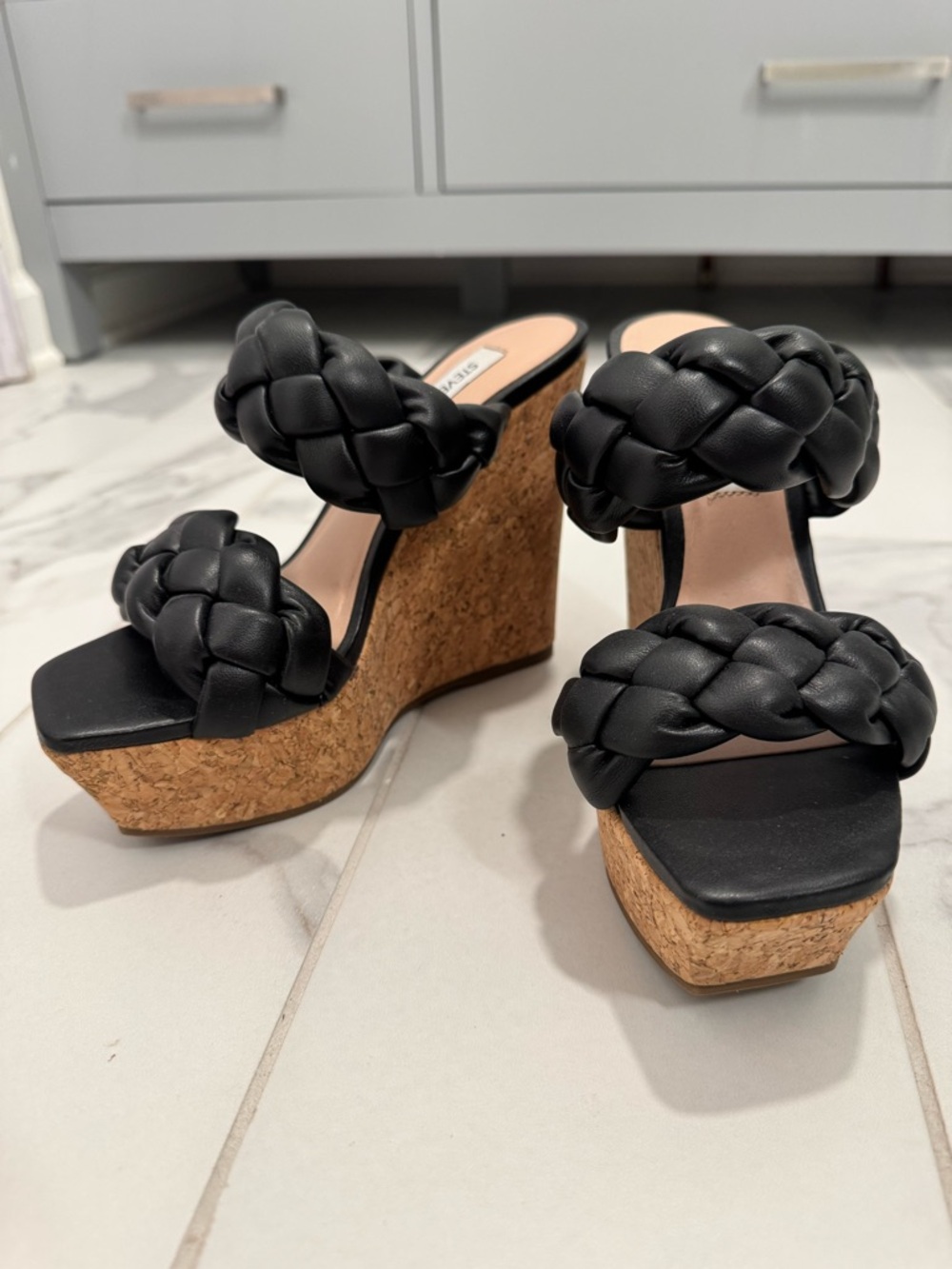 Steve Madden Black Braided Cork Wedge Sandals - Women